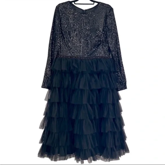 leena for Mac Duggal Sequined Layered Tulle A-Line Cocktail Dress Black Size 8 - Picture 3 of 6